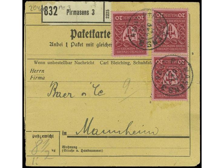 20 M. rotkarmin im senkrechten Paar und Einzelwert auf Paketkarte von "PIRMASENS 14.10.22" nach Mannheim, signiert Infla Berl