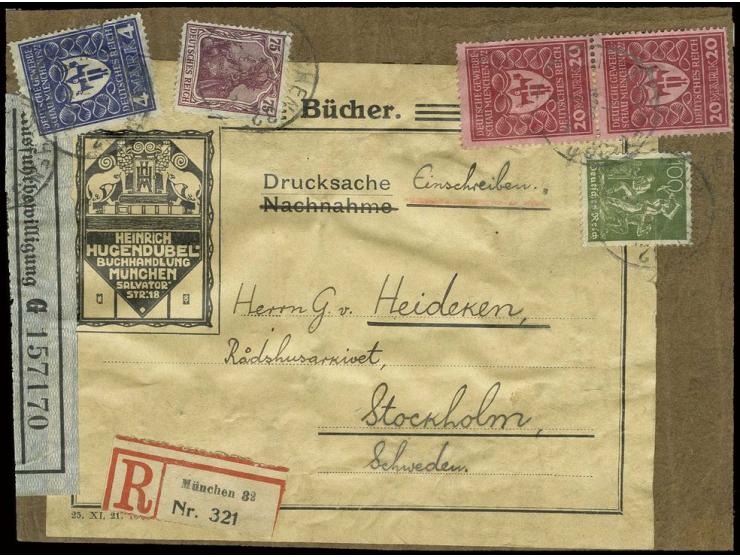 20 M. rotkarmin im senkrechten Paar mit Zusatzfrankatur auf komplettem Adressenträgerteil für eine eingeschriebener Auslandsd