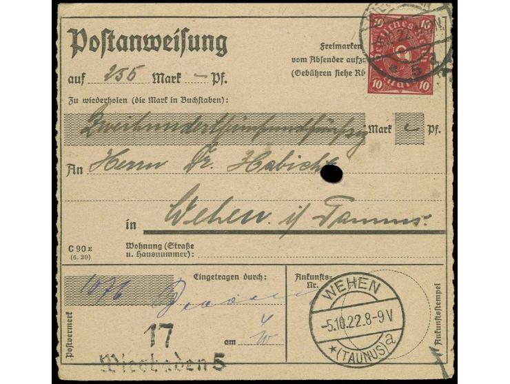 10 M. als Einzelfrankatur auf Postanweisung von "WIESBADEN 4.10.22" nach Wehen, Pracht