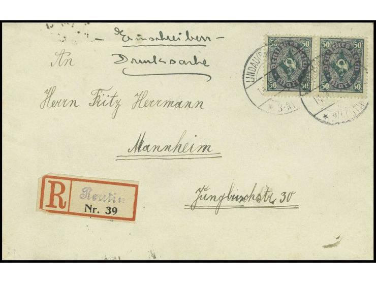 50 M. im waagerechten Paar auf R-Drucksachenumschlag von "LINDAU 11.3.23" nach Mannheim mit Ankunftsstempel, sign. Infla