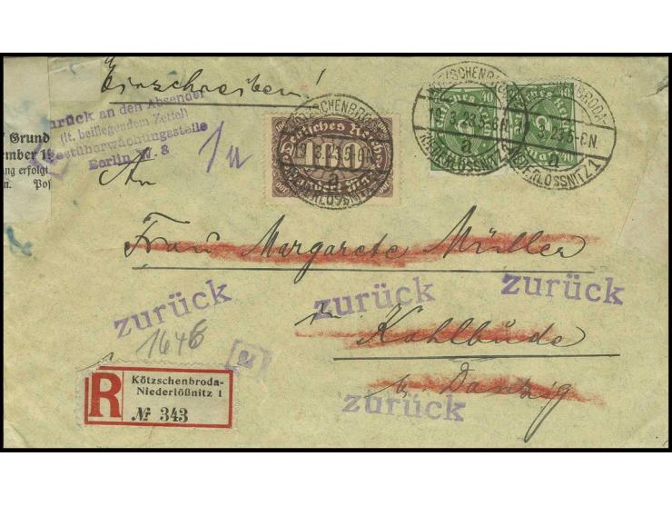 100 M. und Posthorn 40 M. (2). auf R-Brief von "KÖTSCHENBRODA-NIEDERLÖSSNITZ 19.3.23" nach Danzig mit Devisenzensurverschluss