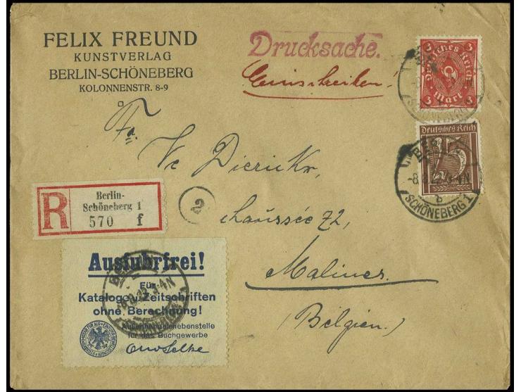 Posthorn 3 M. und Ziffer 25 Pfg. auf eingeschriebenem Auslands-Drucksachenumschlag von "BERLIN-SCHÖNEBERG 8.8.22" mit "Ausfuh