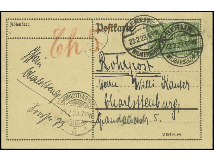 40 M. gelblichgrün, 2 Werte auf Rohrpost-Ortskarte aus "BERLIN-WILMERSDORF 23.2.23. 6.50" nach Charlottenburg mit Ankunftsste