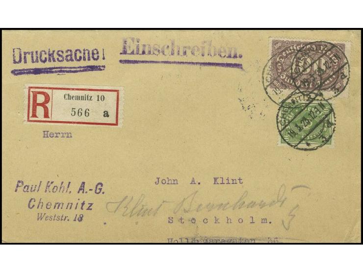 100 M. und Posthorn 40 M. auf R-Auslands-Drucksachenstreifband von "CHEMNITZ´19.3.23" nach Stockholm mit Ankunftsstempel, Pra