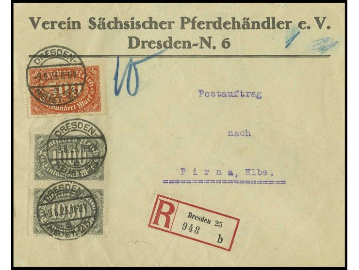 500 und 1000 M. (2) auf eingeschriebenem Postauftrag von "DRESDEN 9.8.23" nach Pirna mit Ankunftsstempel, Pracht