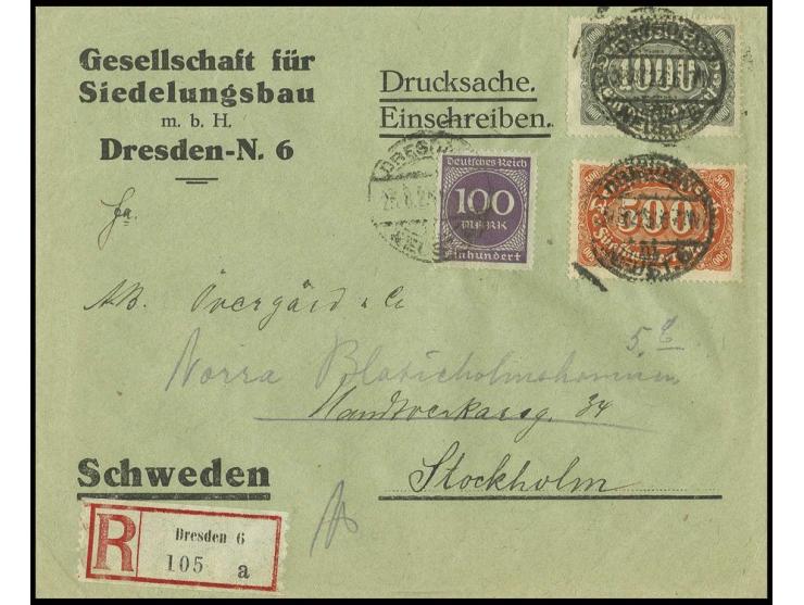 500 M. und 1000 M. sowie 100 M. als portogerechte Frankatatur auf R-Auslands-Drucksachenumschlag von "DRESDEN 26.8.23" nach S