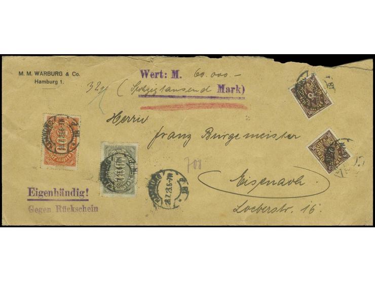 1000 M. und 500 M. sowie 2mal Posthorn 30 M. mit Firmenlochung auf Wertbrief bis 100 gr. mit Rückschein von "HAMBURG 28.7.23"