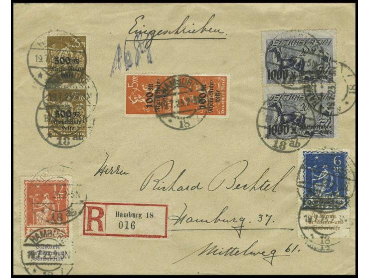 1923, Rhein-Ruhr-Hilfe 5-20 M. kpl. jeweils im senkrechten Paar mit Mi.-Nr. 233-34 und rückseitig weiterer Zusatzfrankatur au