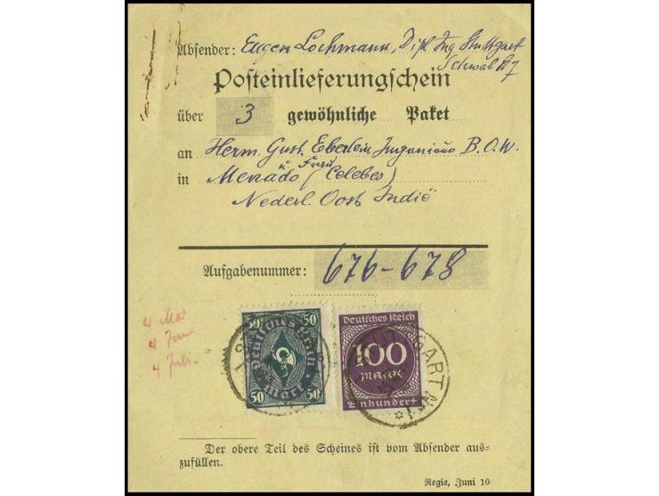 Ziffer 100 M. violettpurpur und Posthorn 50 M. auf Posteinlieferungschein für 3 Auslandspakete von "STUTTGART 4.4.23" nach Ni