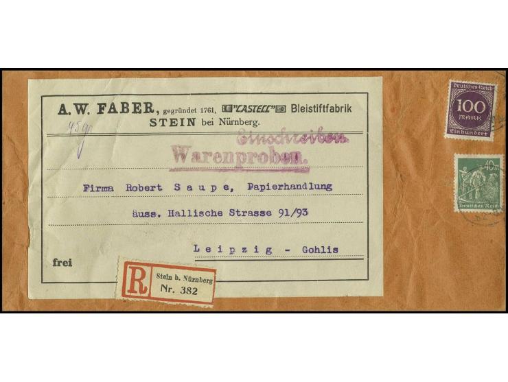 100 M. violettpurpur und Schnitter 40 M. gelblichgrün als portogerechte Frankatur auf eingeschriebener Warenprobe bis 100 gr.