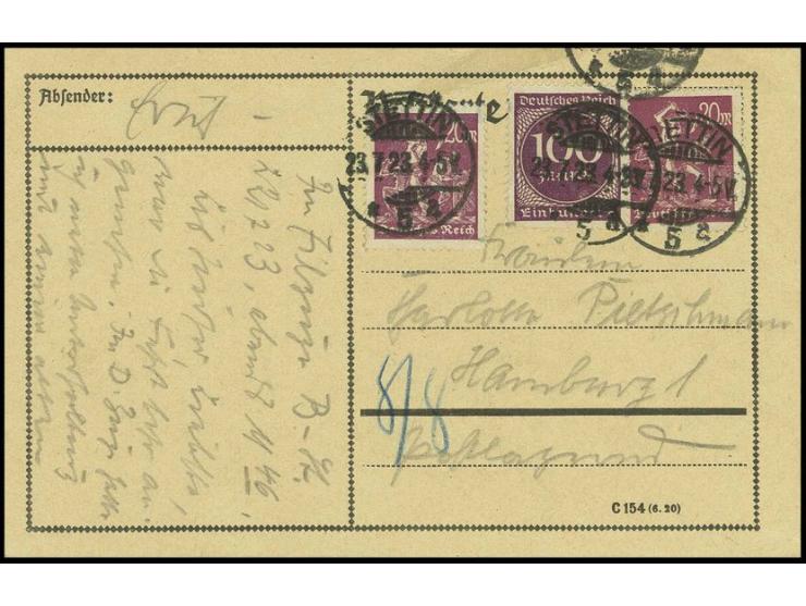 100 M. violettpurpur und 2mal Bergarbeiter 20 M. auf Postkarte von "STETTIN 23.7.23" nach Hamburg mit vorausbezahlter Postlag
