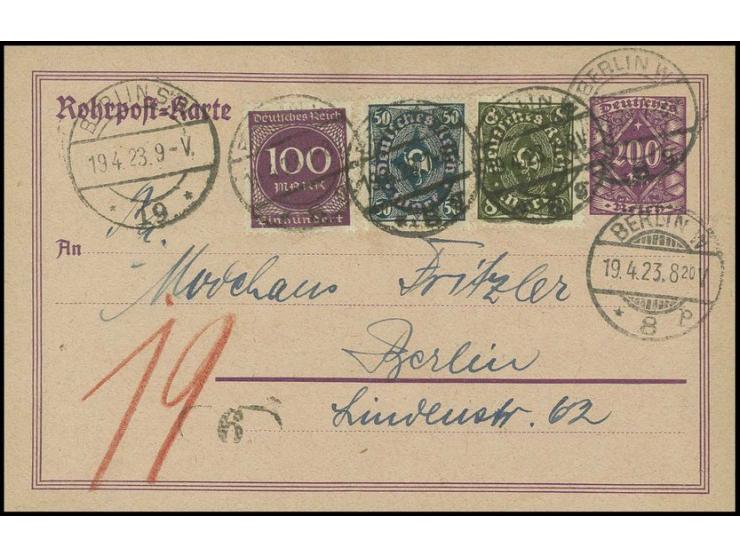 100 M. violettpurpur mit portogerechter Zusatzfrankatur auf Rohrpost-Ganzache 200 Pfg. aus "BERLIN8/ 19.4.23" nach Berlin 19 