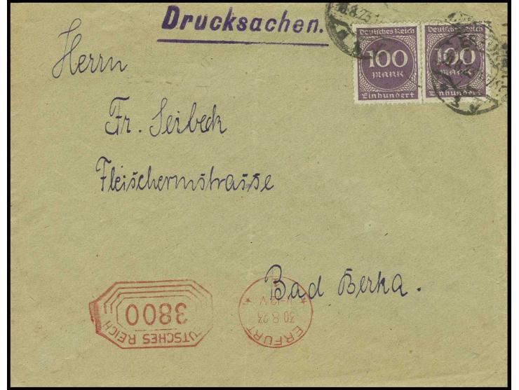 100 M. hellviolett im waagerechten Paar auf gefaltetem Drucksachenumschlag mit Freistempel 3800 M. von "ERFURT 30.8.23" nach 