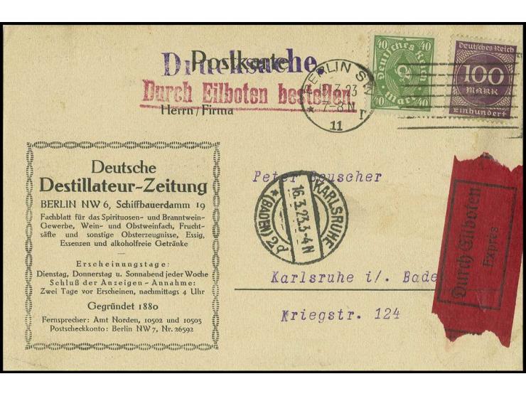 100 M. hellviolett und Posthorn 40 M. als portogerechte Frankatur auf Eilboten-Drucksachenkarte von "BERLIN 15.2.23" nach Kar