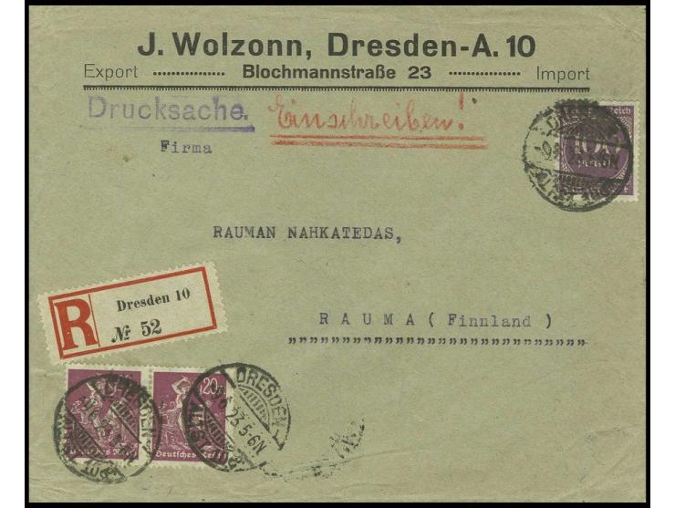 100 M. hellviolett und waagerechtes Paar Bergarbeiter 20 M. auf eingeschriebenem Auslands-Drucksachenumschlag von "DRESDEN 9.