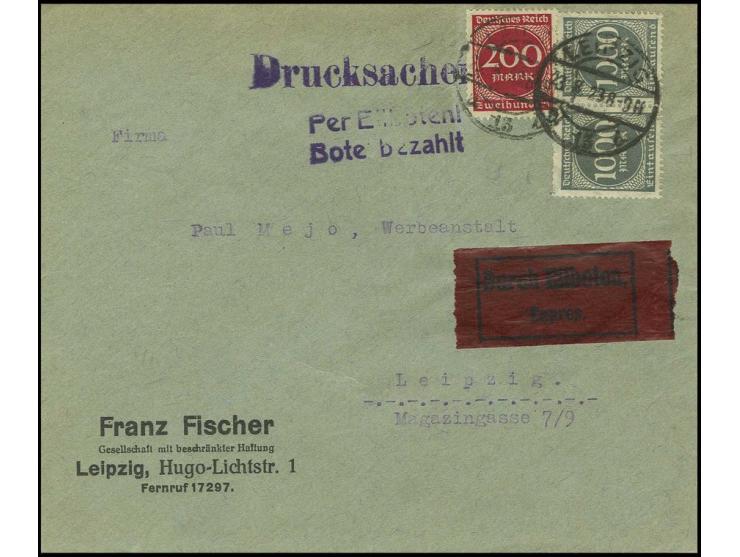 1000 M. (2) und 200 M. auf Eilboten-Drucksachenumschlag aus "LEIPZIG 23.8.23" im Ortsverkehr, Pracht