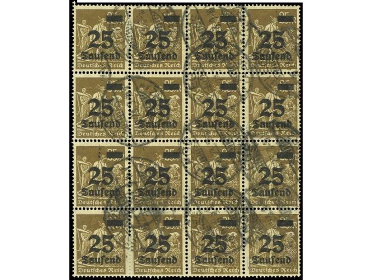 25 Tsd. auf 25 M. im 16er-Block mit Stempel "STIEGE (HARZ) 6.10.23", Pracht, sign. Infla (Mi. 288,- +)