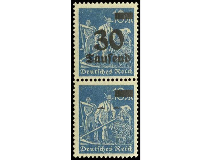 30 Tsd. auf 10 M. im senkrechten Paar, dabei untere Marke mit weitgehend fehlendem Aufdruck, postfrisch, Luxus