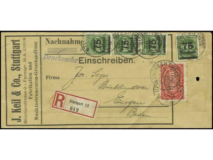 75 Tsd. auf 1000 M. (4) in Mischfrankatur mit 100.000 M. auf kompletter eingeschriebener Drucksache bis 100 gr. von "STUTTGAR