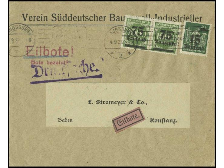 75 Tsd. auf 1000 M. im waagerechten Paar und 15 Tsd auf 40 M. als portogerechte Frankatur auf Eilboten-Drucksachenumschlag vo