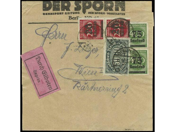 75 Tsd. auf 1000 M. im senkrechten Paar mit Zusatzfrankatur 20 Tsd. auf 200 M. (2) und Ziffer 5000 M. als portogerechte Frank