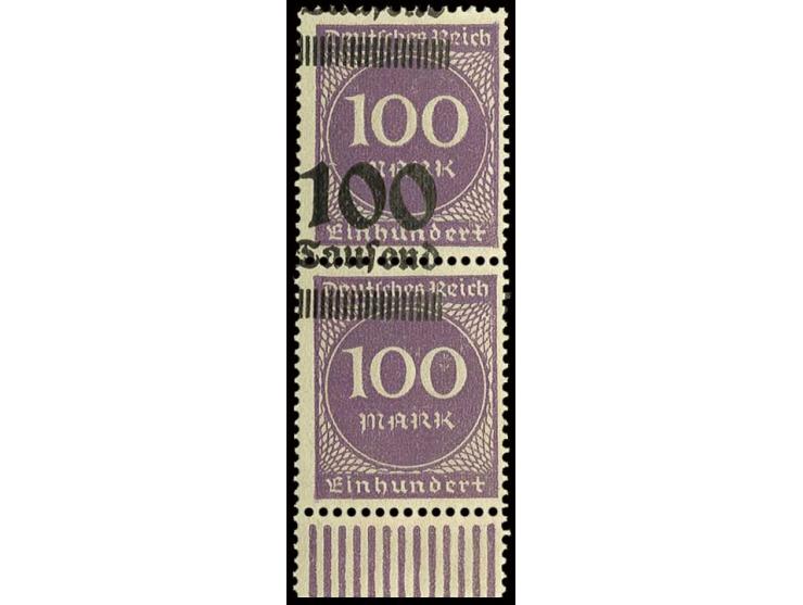 100 Tsd. auf 100 M. grauviolett im senkrechten Paar mit sehr stark nach oben verschobenem Aufdruck, postfrisch, Luxus