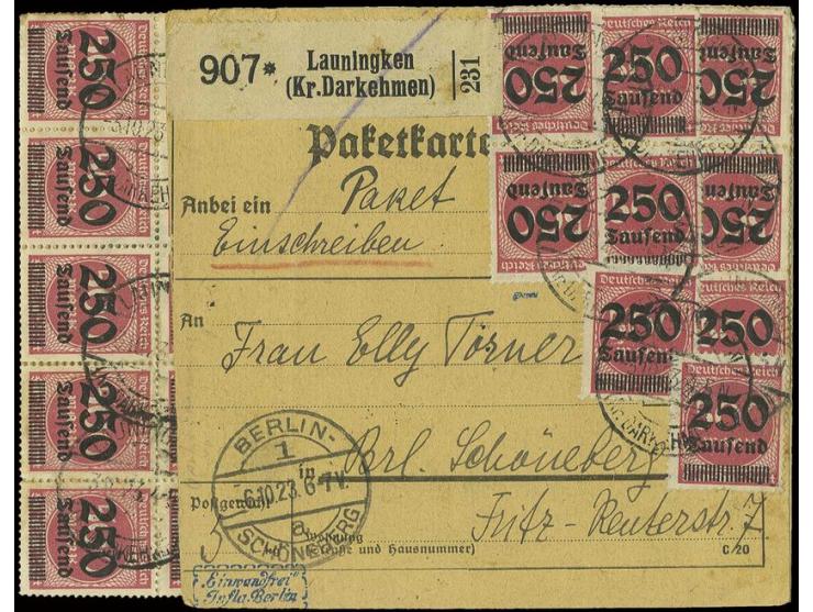 250 Tsd. auf 500 M. mittellilarot, 64 Stück (meist in Einheiten) vorder- und rückseitig auf Paketkarte mit angeklebter "Fahne