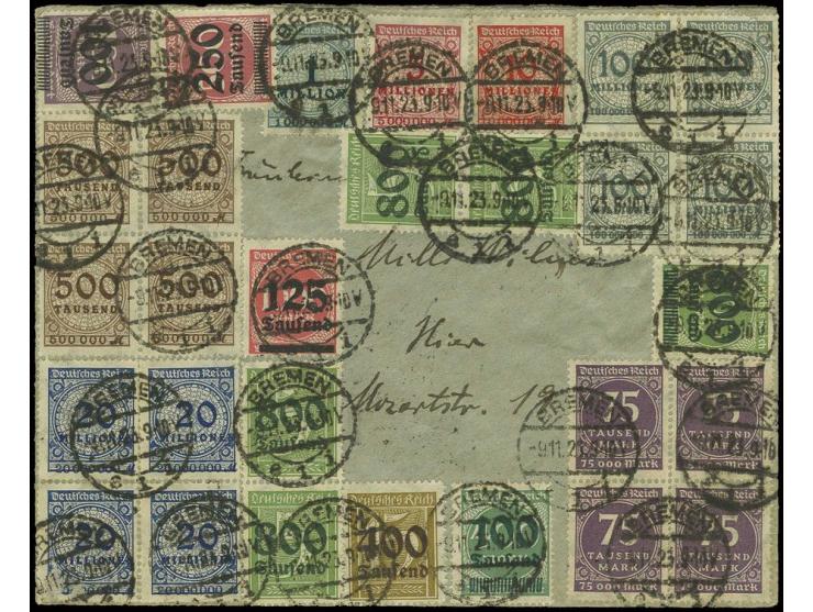 800 Tsd. auf 500 M. mit reichhaltiger Zusatzfrankatur, tadellos erhalten mit Stempel "BREMEN 9.11.23" auf überfrankiertem Ort