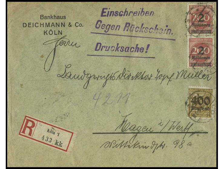 2 Mio. auf 200 M. im senkrechten Paar und 400 Tsd. auf 25 Pfg. (Eckfehler) als portogerechte Frankatur auf gefaltetem eingesc