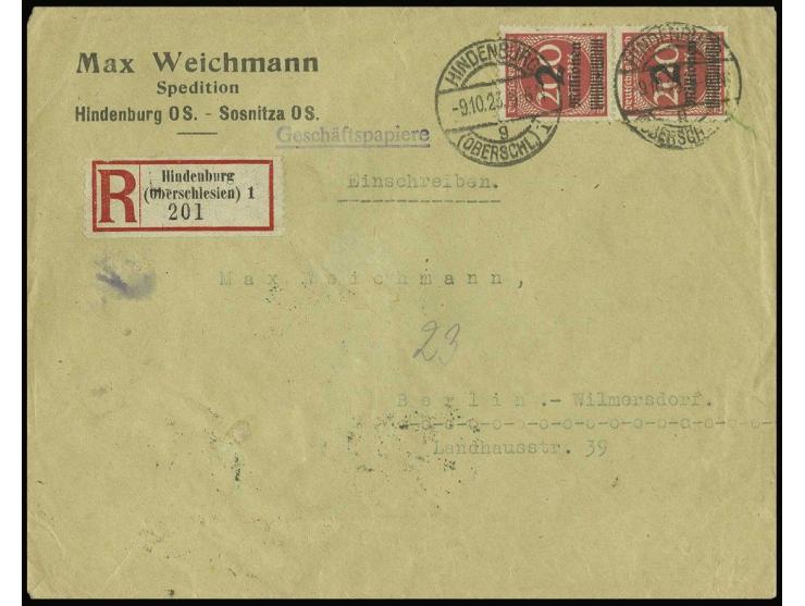 2 Mio. auf 200 M. im senkrechten Paar auf eingeschriebenem Geschäftspapiere-Umschlag von "HINDENBURG 9.10.23" nach Berlin mit