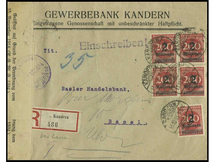 2 Mio. auf 200 M., 5mal auf eingeschriebenem Auslandsbrief im Grenzverkehr von "KANDERN 13.10.23" mit Devisenverschlußzettel 