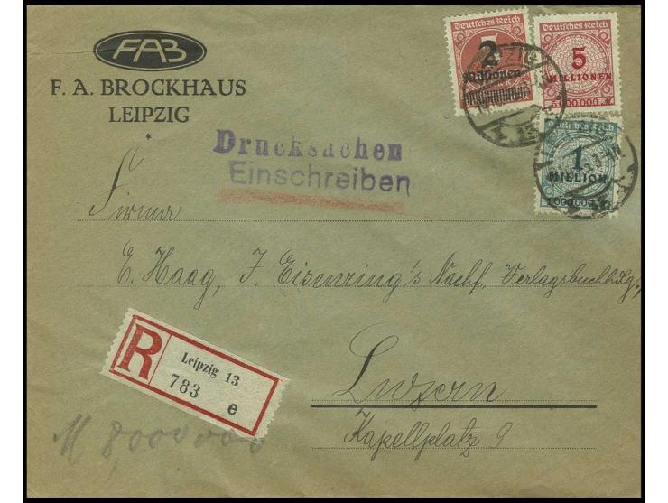 2 Mio. auf 5000 M. sowie Korbdeckel 1 Mio. und 5 Mio. M. auf eingeschriebenem Auslands-Drucksachenumschlag von "LEIPZIG 14.10