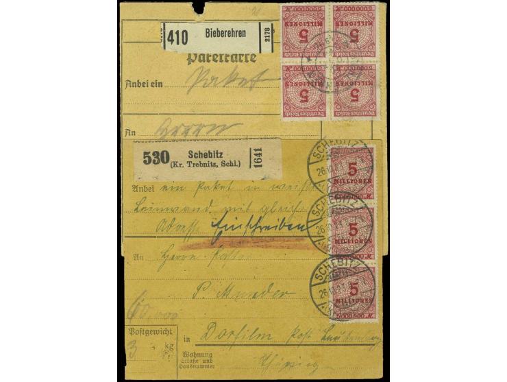 5 Mio. M., 12 bzw. 14 Werte als Mehrfachfrankaturen auf 2 Paketkarten von "SCHEBNITZ 26.10.23" bzw. "BIEBEREHREN 30.10.23", k