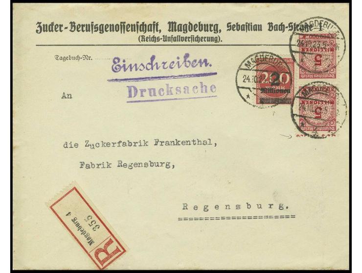 5 Mio. M. im senkrechten Paar und 2 Mio. auf 200 M. auf R-Drucksachenumschlag von "MAGDEBURG 24.10.23" nach Regensburg mit An