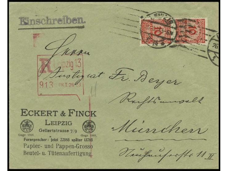 10 Mio. M. im senkrechten Paar als portogerechte Frankatur auf R-Brief von "LEIPZIG 13 16.10.23" mit Maschinen-R-Stempel nach
