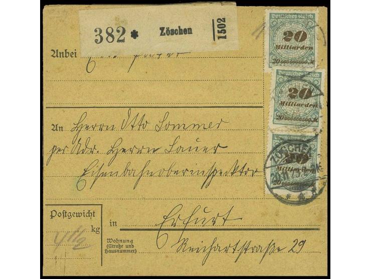 20 Mrd. M., 7mal vorder- und rückseitig auf Paketkarte von "ZÖSCHEN 20.11.23" nach Erfurt, Formular rechts mit kleinem Einris
