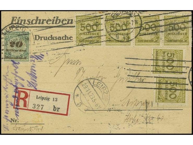 20 Mrd. M. und 8 Stück 500 Mio. M. vorder- und rückseitig als portogerechte Frankatur auf eingeschriebener Drucksachenkarte v