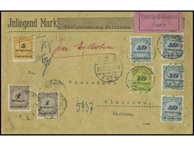 50 Mrd. M. (4) mit Zusatzfrankatur auf Eilboten-Wertbrief von "HAMBURG 28.11.23" nach Glauchau, Ankunftsstempel, 1 Wert Eckfe