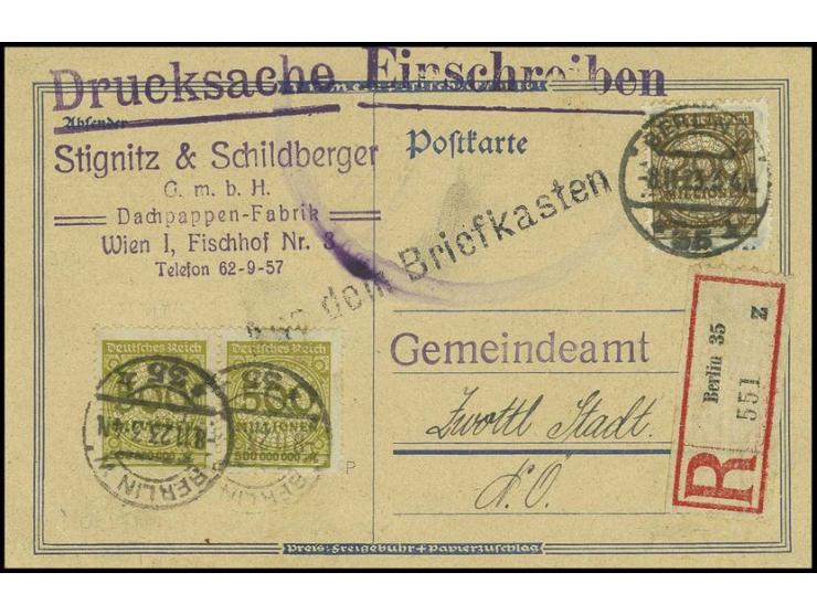 200 Mio. M. und 500 Mio. M. im waagerechten Paar als portogerechte Frankatur auf eingeschriebener Drucksachenkarte von "BERLI