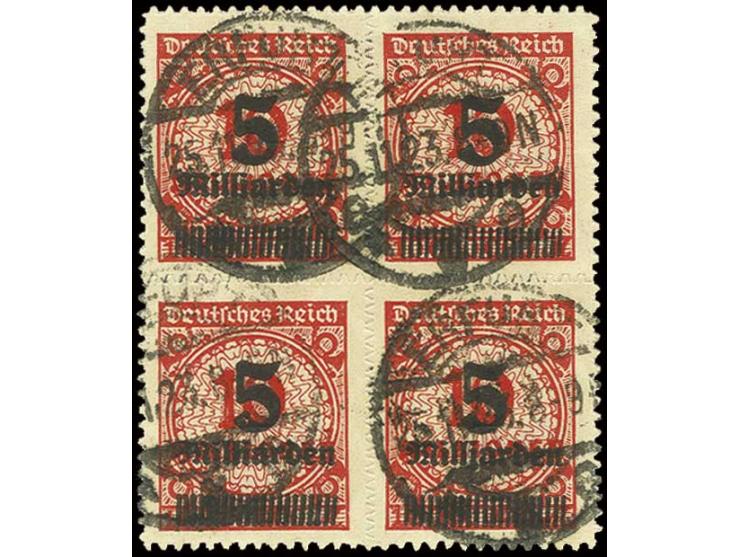 durchstochen: 5 Mrd. auf 10 Mio. M. im 4er-Block, allseits perfekt durchstochen mit jeweils Stempel "ERFURT 25.11.23", Kabine