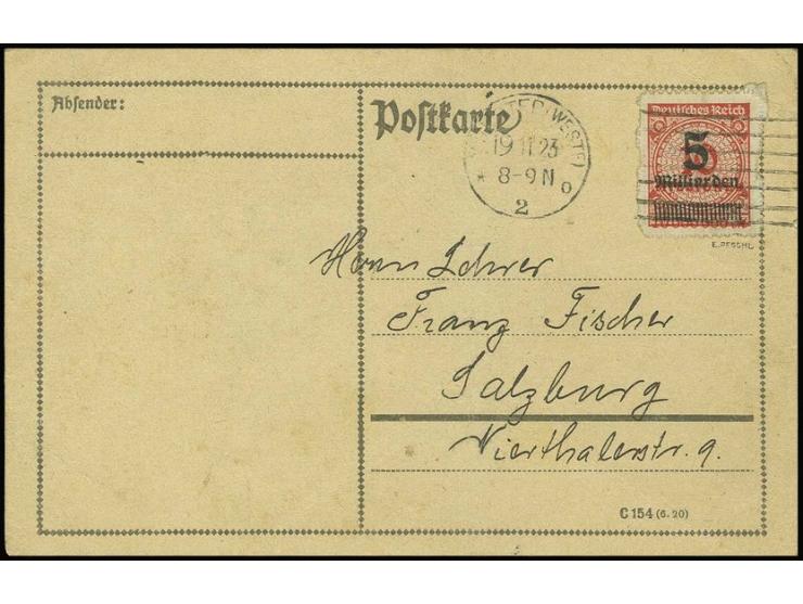 5 Mrd. auf 10 Mio. M. als portogerechte Einzelfrankatur auf Postkarte von "MÜNSTER 19.11.23" nach Salzburg, Mittelbugspur und