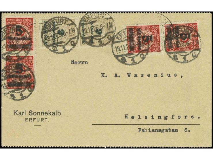 5 Mrd. auf 10 Mio. M., zwei senkrechte Paare mit gutem Durchstich und portogerechter Zusatzfrankatur auf Auslandspostkarte vo