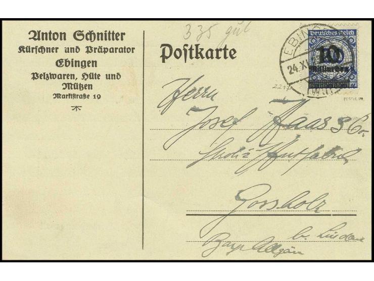 10 Mrd. auf 20 Mio. M., portogerechte Einzelfrankatur auf Karte von "EBINGEN 24.XI.23" nach Gossholz, Pracht, sign. Peschl BP
