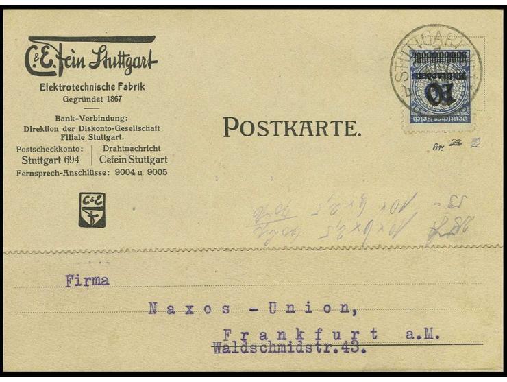 10 Mrd. auf 20 Mio. M. als portogerechte Einzelfrankatur auf Firmenpostkarte aus "STUTTGART 23.11.23" nach Frankfurt, vorders