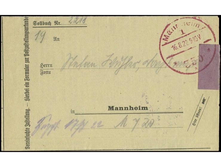 " *350* Mannheim 1/ 16.8.22", roter EKr. klar auf Zustellungsurkunde im Ortsverkehr, Pracht