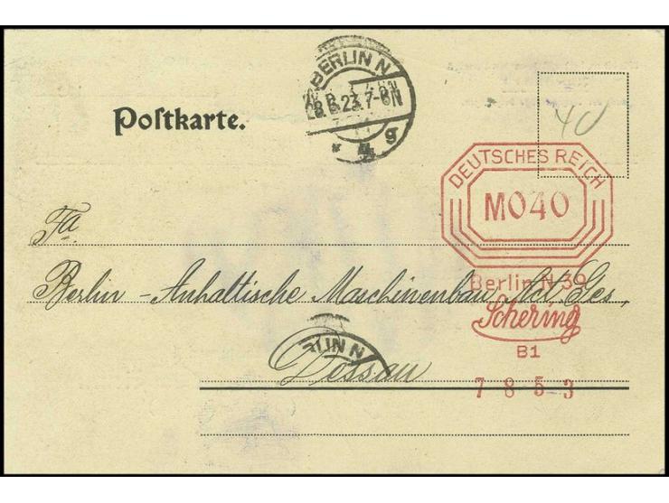 "MO40", Absenderfreistempel-Vorläufer der Fa. Schering auf Postkarte von "BERLIN 28.6." nach Dessau, klarer Abschlag der BAFR
