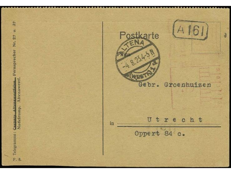 "1800" M., Absender-Freistempelvorläufer der Fa. RUMO auf Auslands-Postkarte von "ALTENA 4.8.23" nach Utrecht, üblicher schwa