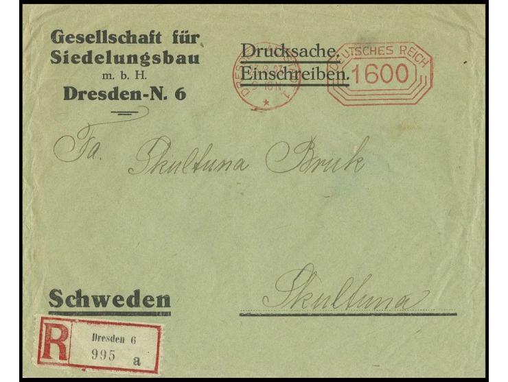 1923, "1600" M., Postfreistempel auf eingeschriebenem Auslands-Drucksachenumschlag von "DRESDEN 23.8." nach Stockholm, leicht