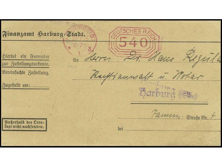 "540" (M.), Postfreistempel auf Ortsbrief mit Zustellungsurkunde aus "HARBURG 30.7., Pracht, bisher in der Literatur nicht be
