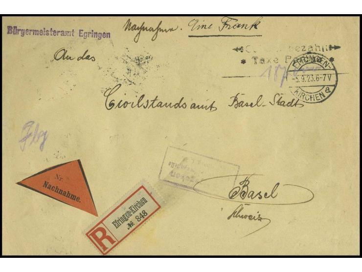 "Gebühr bezahlt / Taxe percue", schwacher L2 mit Zierstücken mit handschriftlich "187000" auf eingeschriebenem Nachnahme-Brie